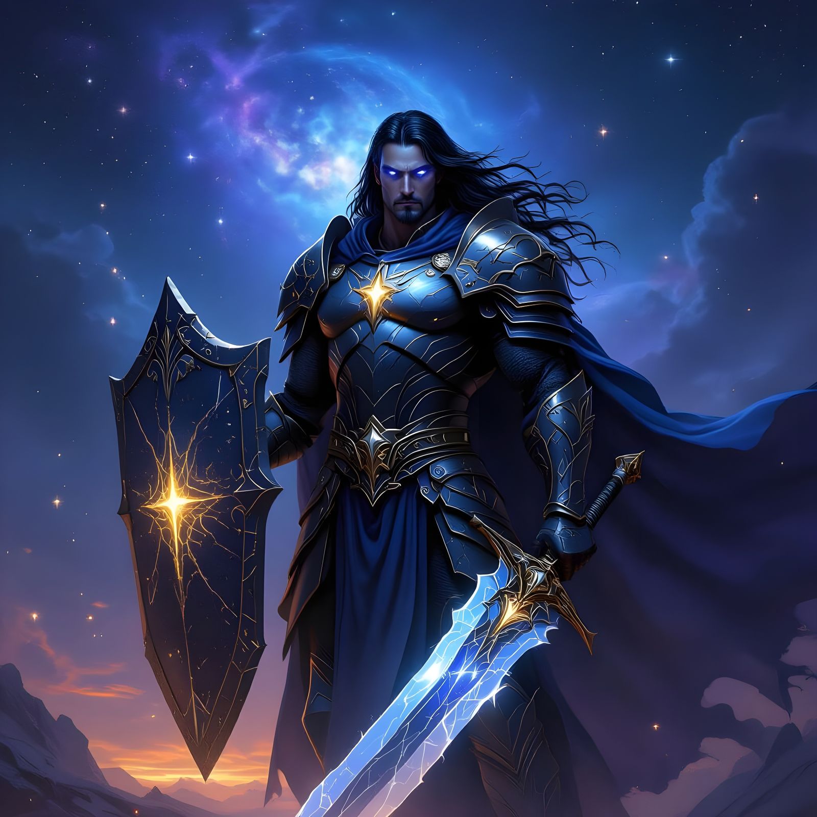 Cosmic Divine Paladin with Cracked Shield in Twilight Sky