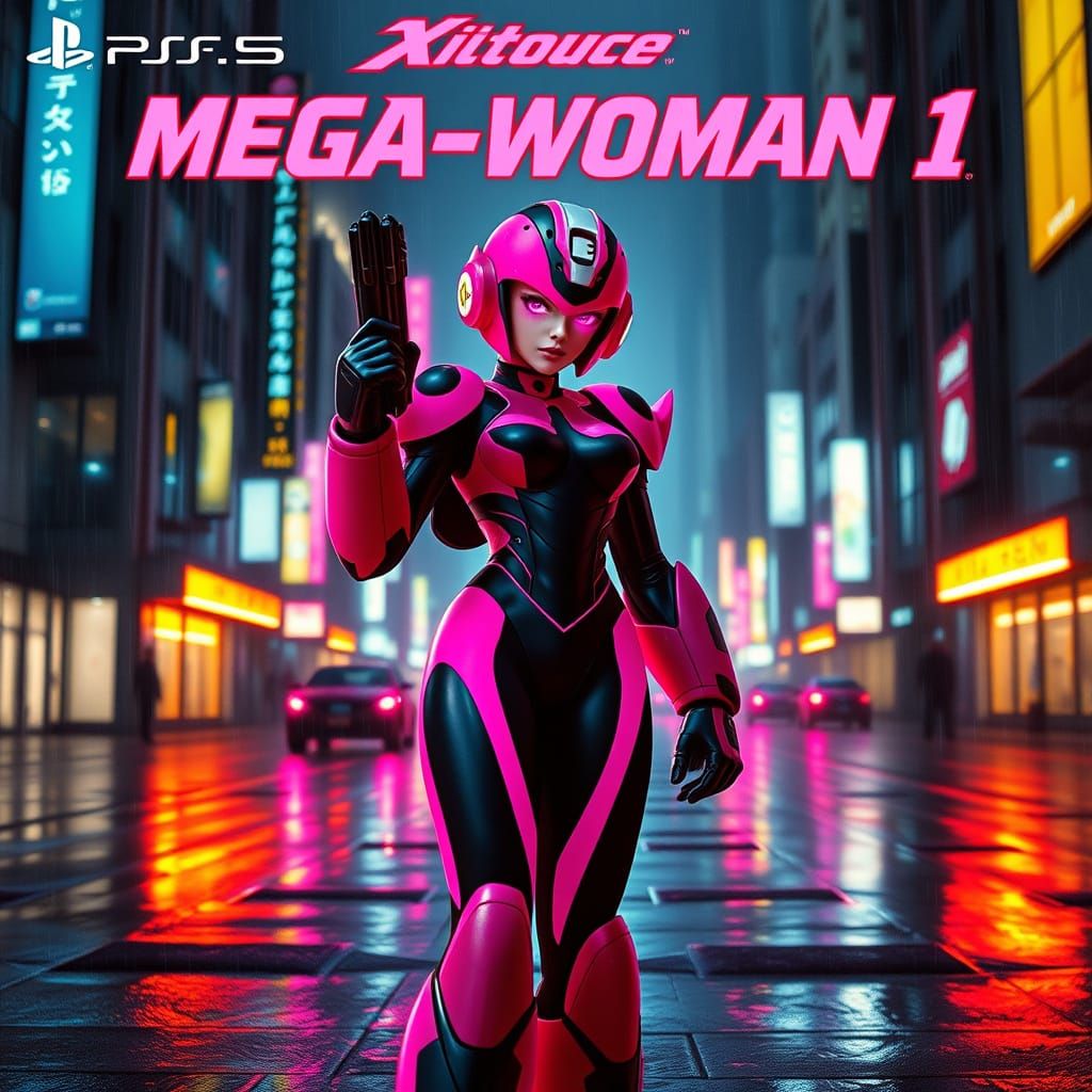 Cyberpunk Mega Woman in Rainy Cityscape