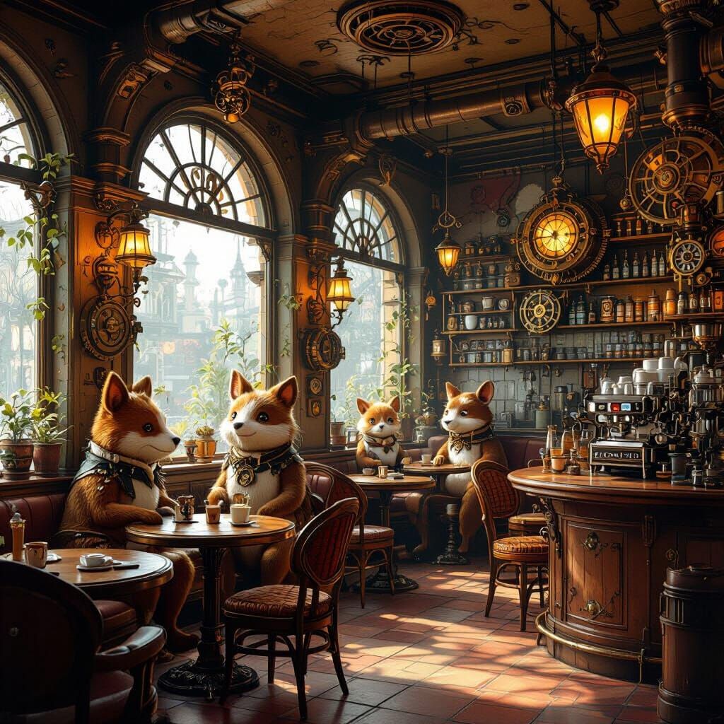 Steampunk concept art. Medium shot. A whimsical coffee shop ...