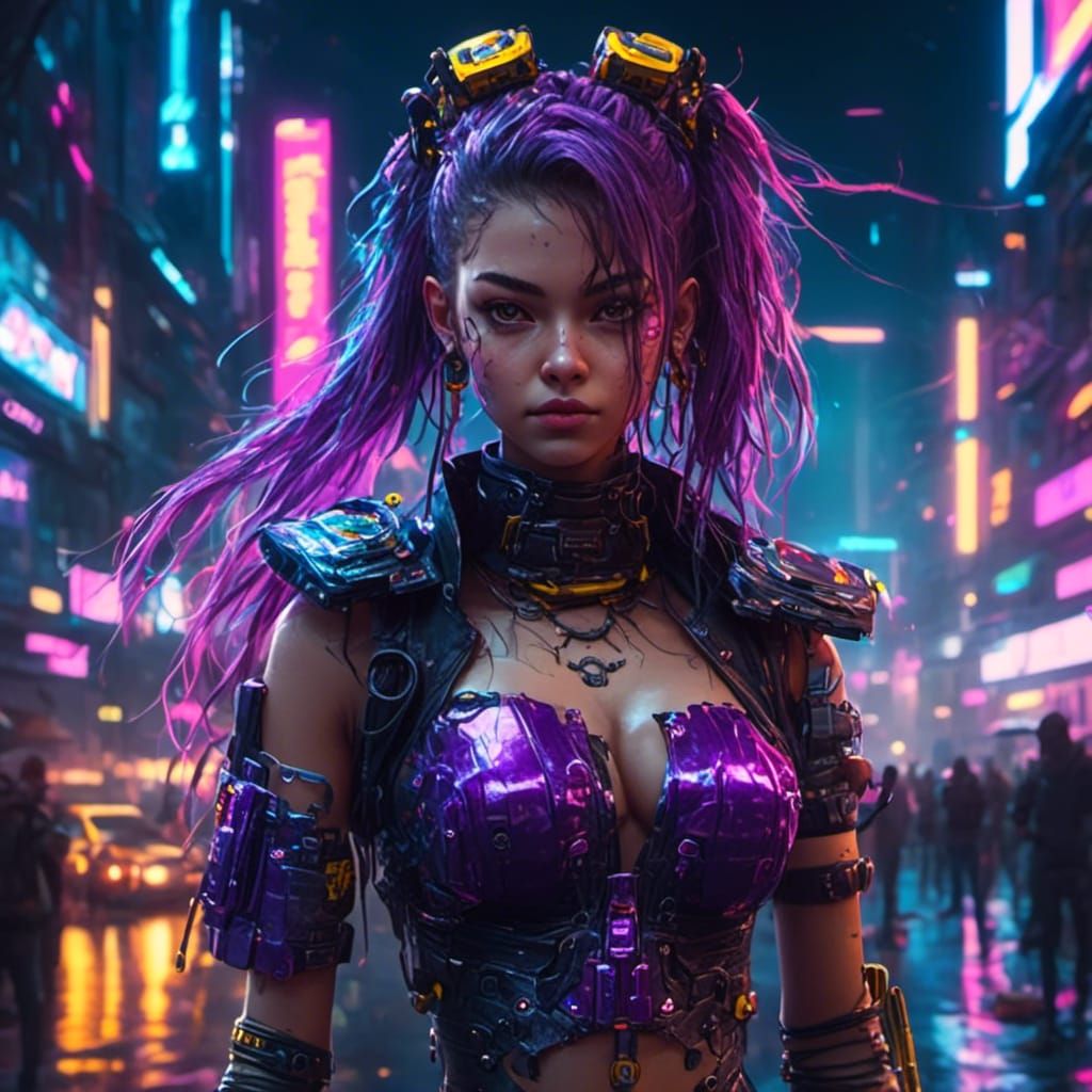 Cyberpunk Girl in Neon Cityscape: 8K Resolution