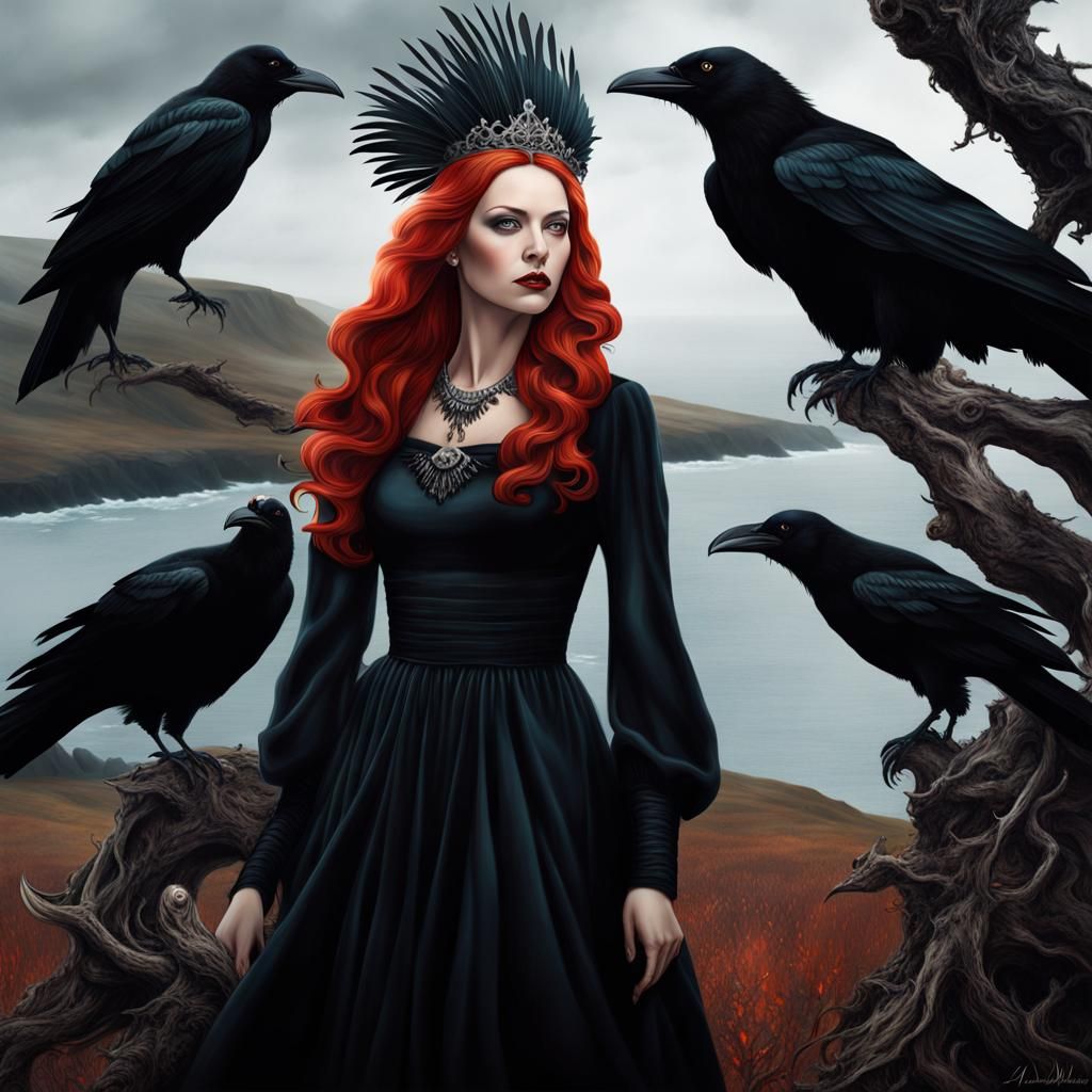 Queen in Raven Dress: Surreal Digital Portrait