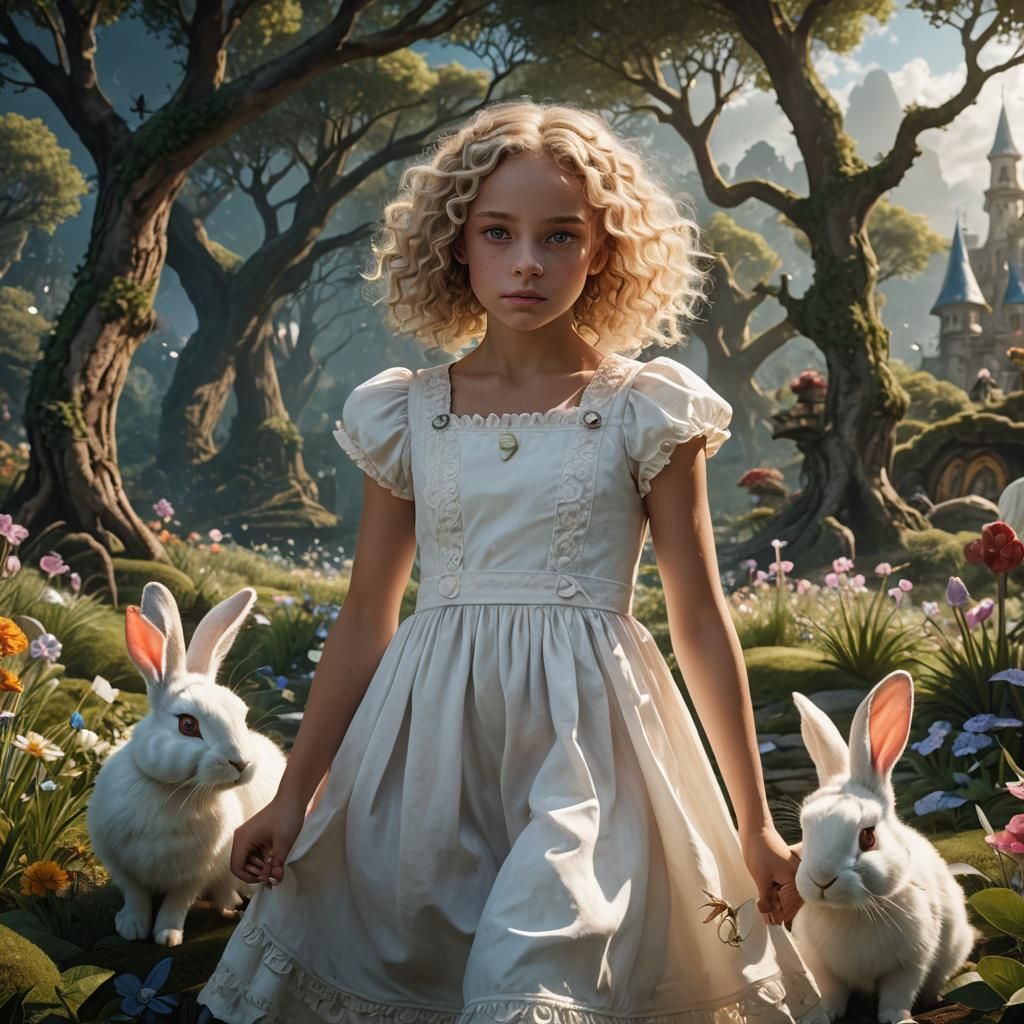 Girl and Rabbit Lost in Wonderland, Detailed Matte Painting