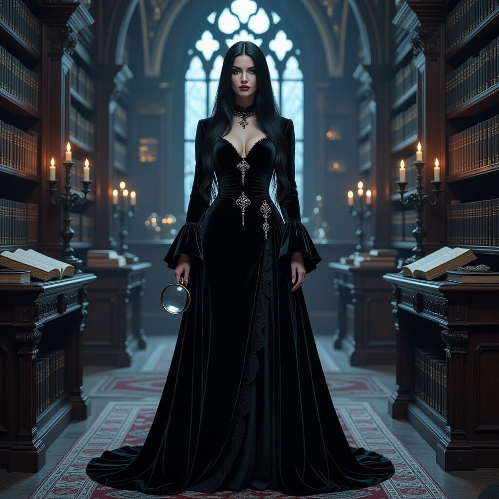 Gothic Woman in Grand Library, Dark Fantasy Art