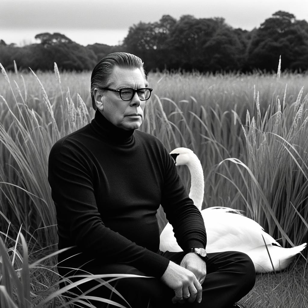 Man with Swan in Atmospheric Black and White Photo
