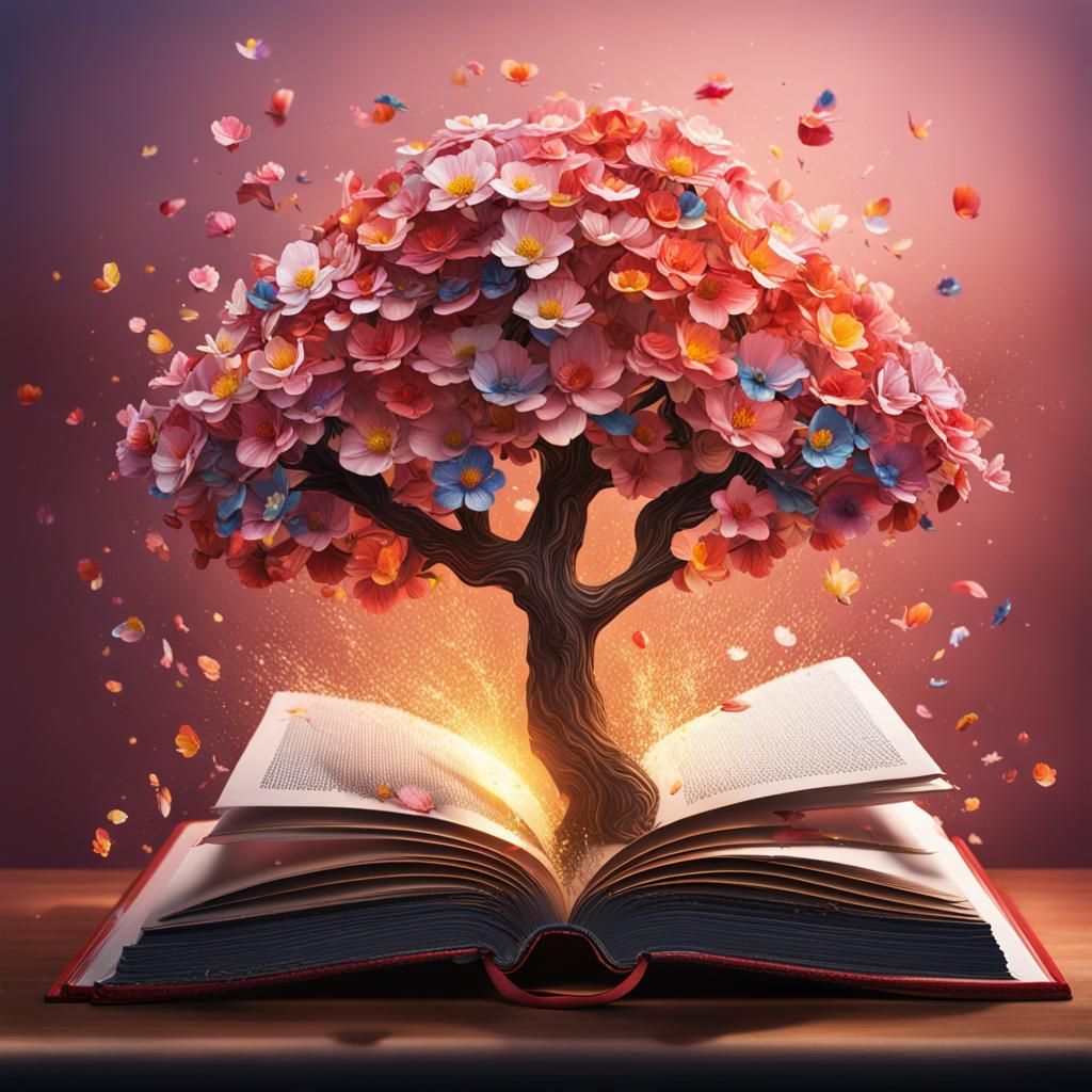 Hyperrealistic Flower Tree Bursting from Book
