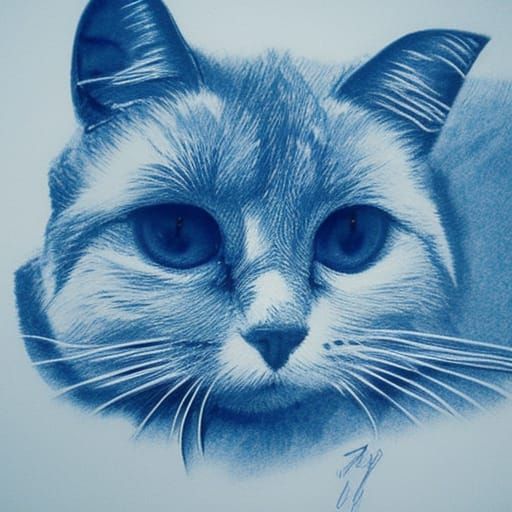 Detailed Blue Blueprint of a Cat