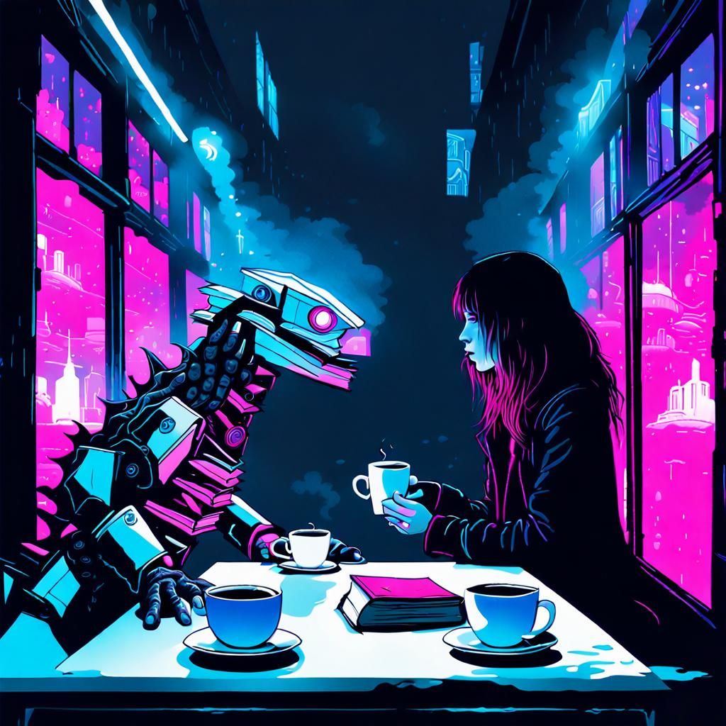 Gothic Portrait with Robots and Lizards in Noir