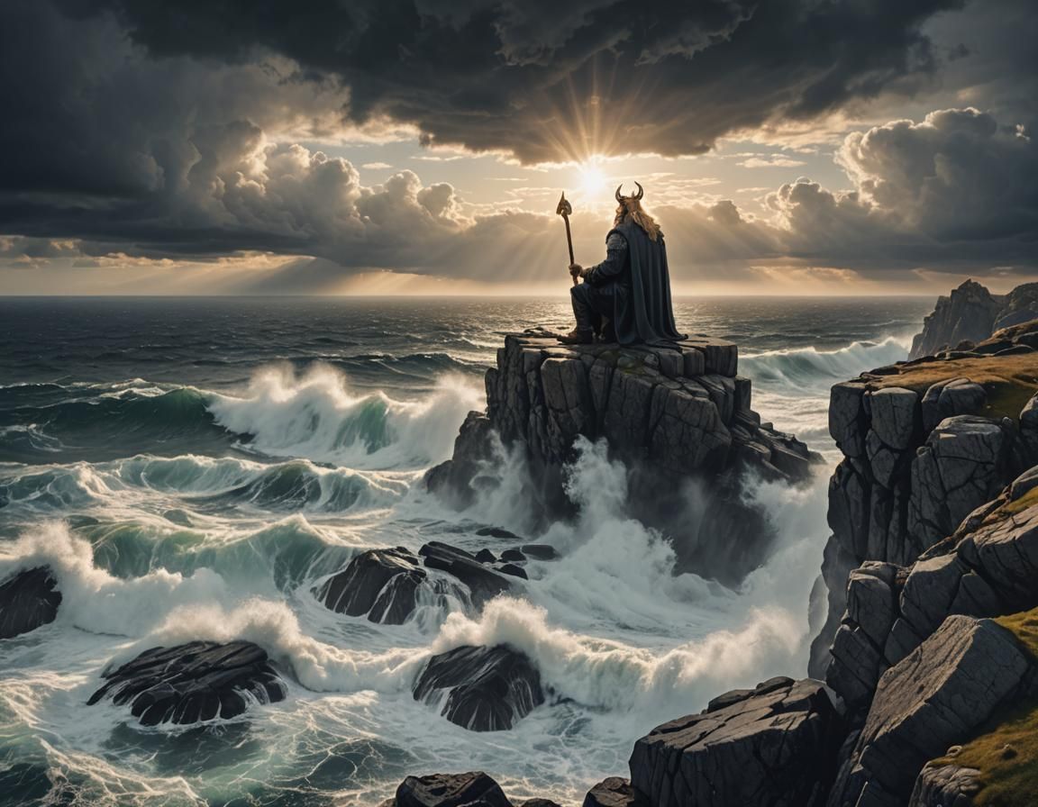 Odin on Cliff Overlooking Raging Sea