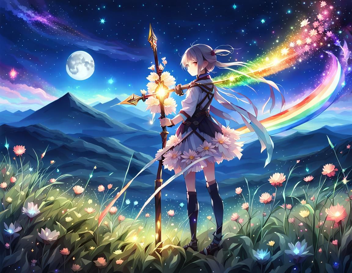 Girl with Glowing Staff Under Starry Sky