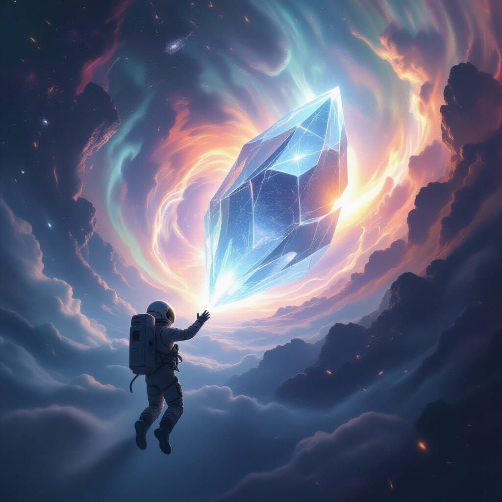 Astronaut Reaching for Crystalline Structure in Void