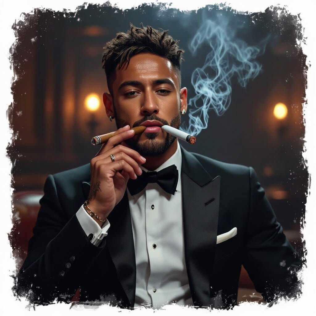 Neymar Smoking Cigar in Luxurious, Dimly Lit Room
