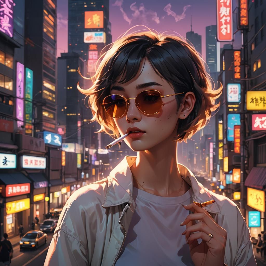 Anime Woman Smoking in Neon Cityscape