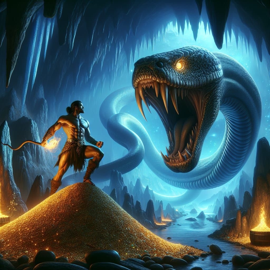 Tribal Warrior Guarding Treasure in Magical Cave