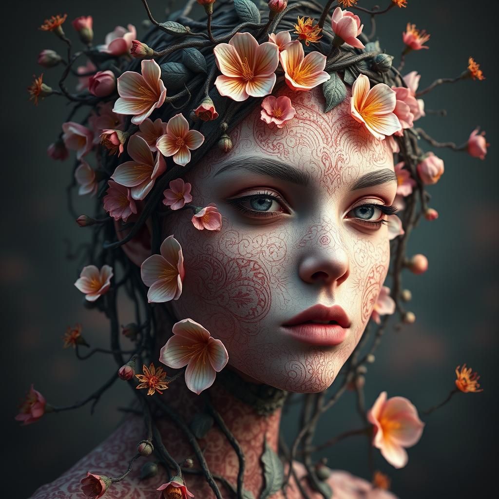 Floral Face: Detailed Fantasy Art in Deep Color