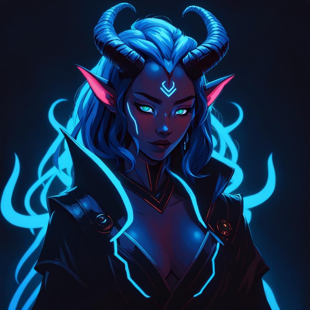 Anime Demon Girl Portrait with Neon Glows
