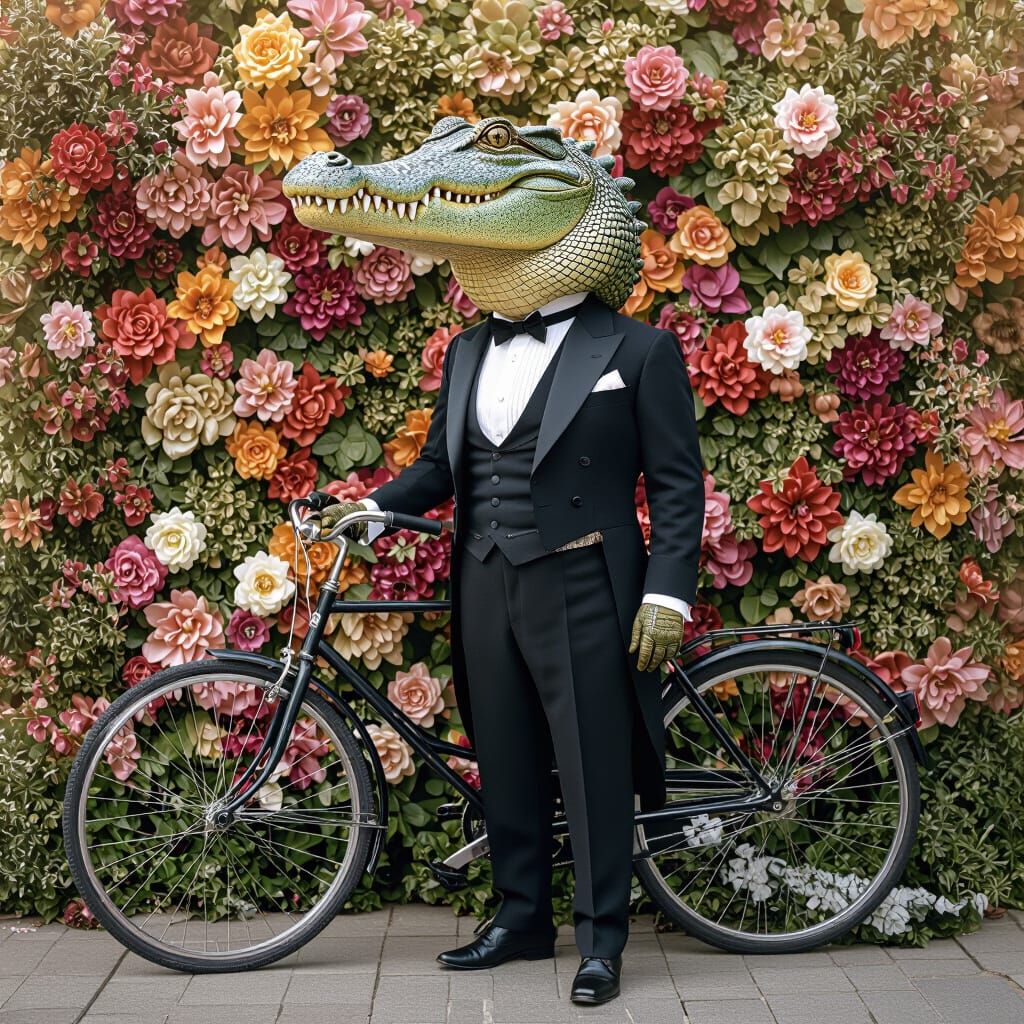 Victorian Crocodile on Bicycle, Surreal Photograph