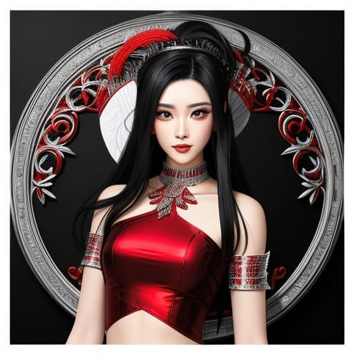 Ethereal Goddess in Luxurious Red and Silver Attire