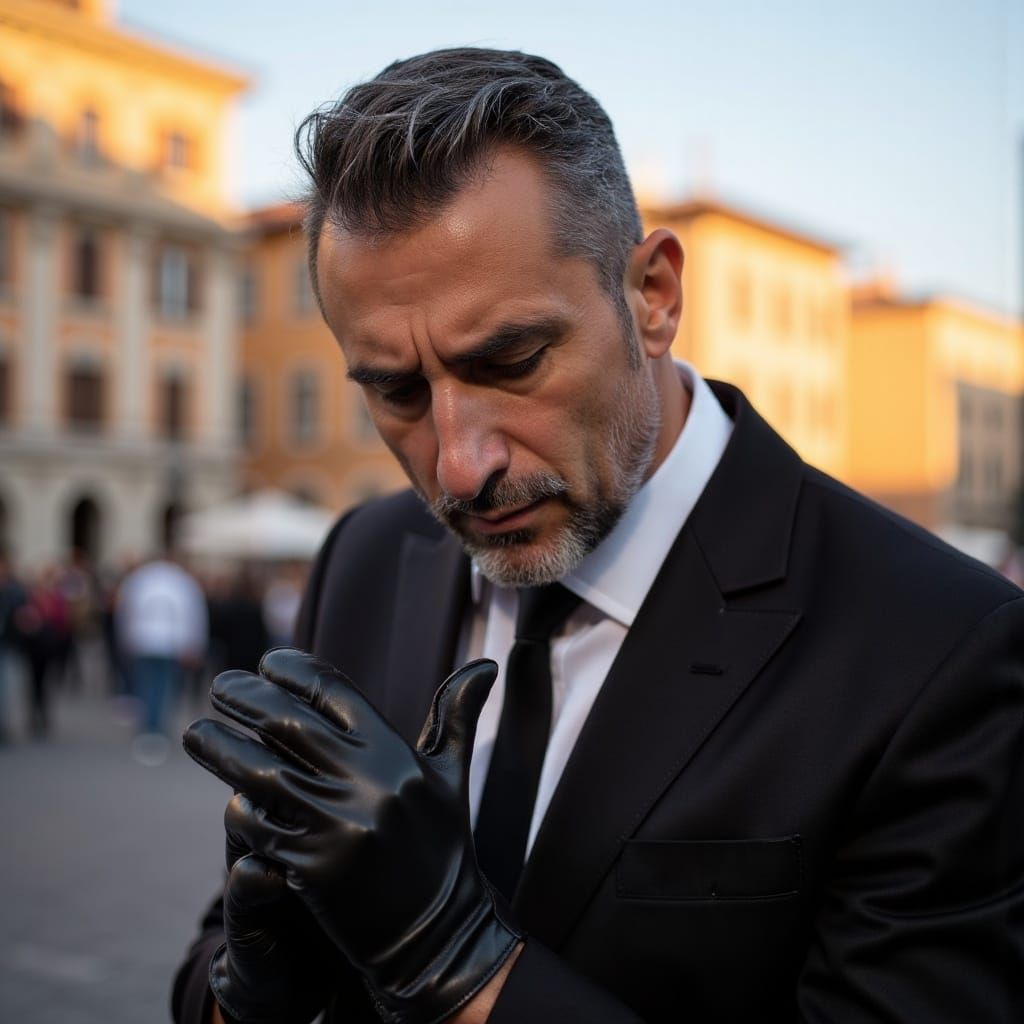 Man in Rome Puts on Leather Gloves, Golden Hour Portrait
