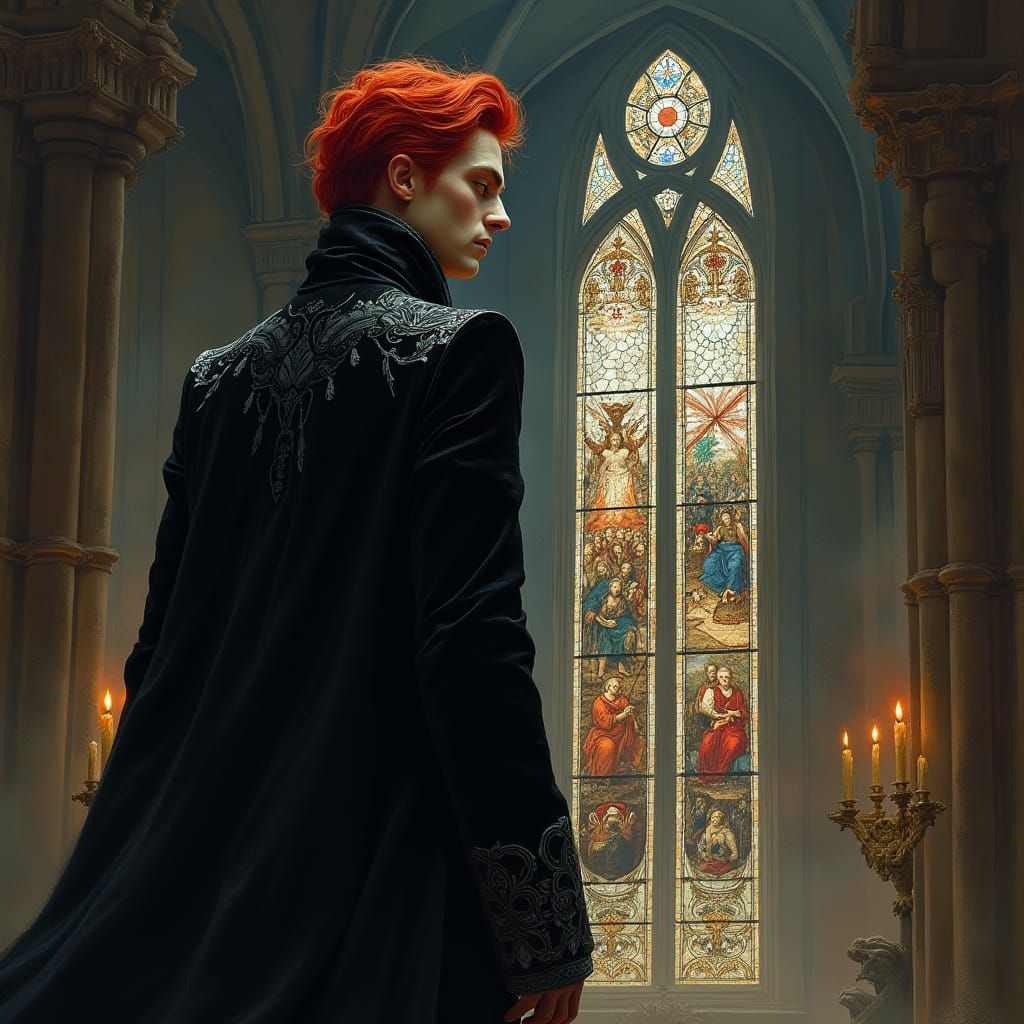 A handsome vampire lord with fiery red hair, dressed in a bl...