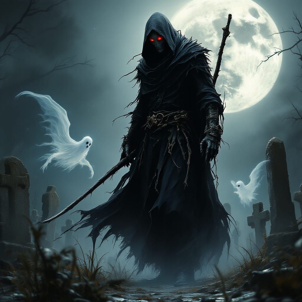 Grim Reaper in Moonlit Graveyard, Gothic Art