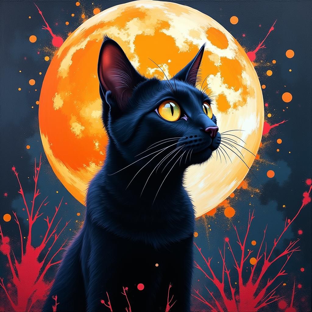 A Black Cat Under the Full Moon in a Vibrant, Surreal Landsc...