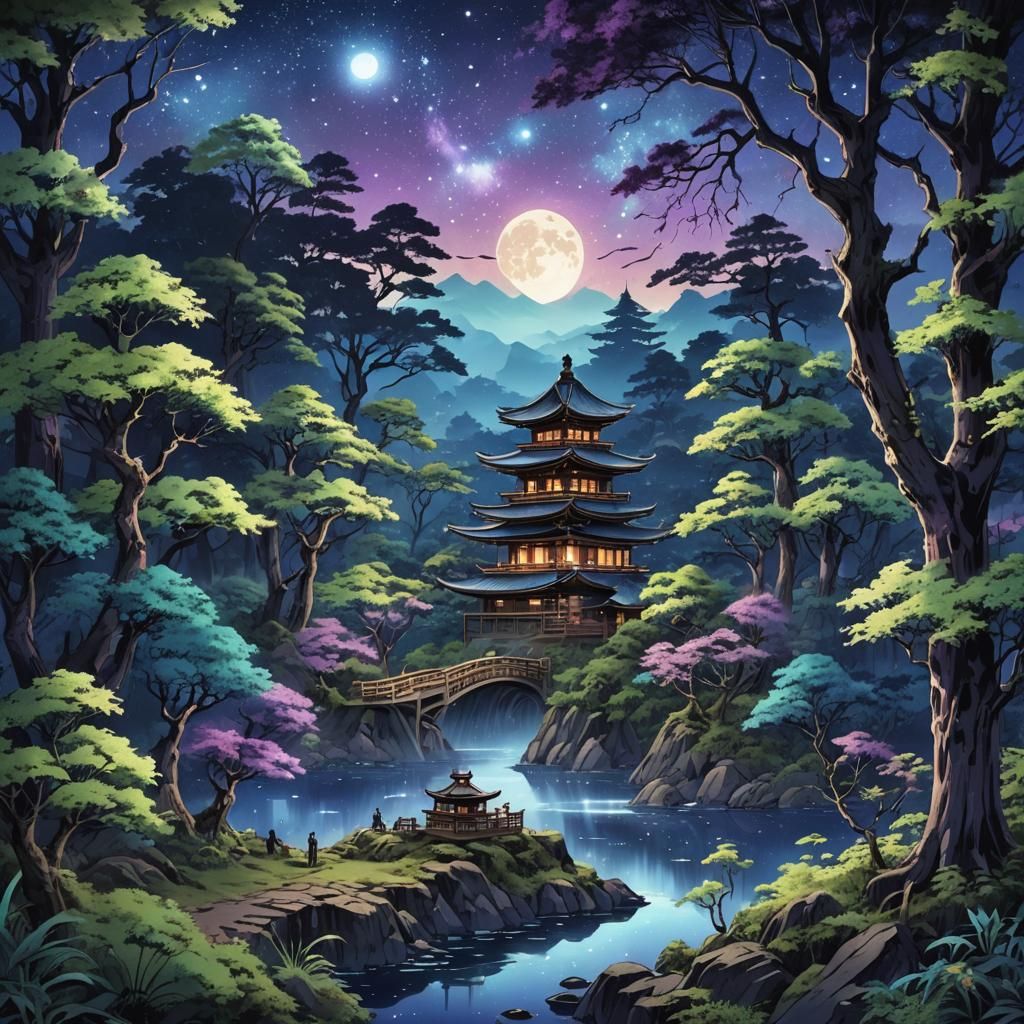 Anime Forest Galaxy Wallpaper in Japanese Art Style