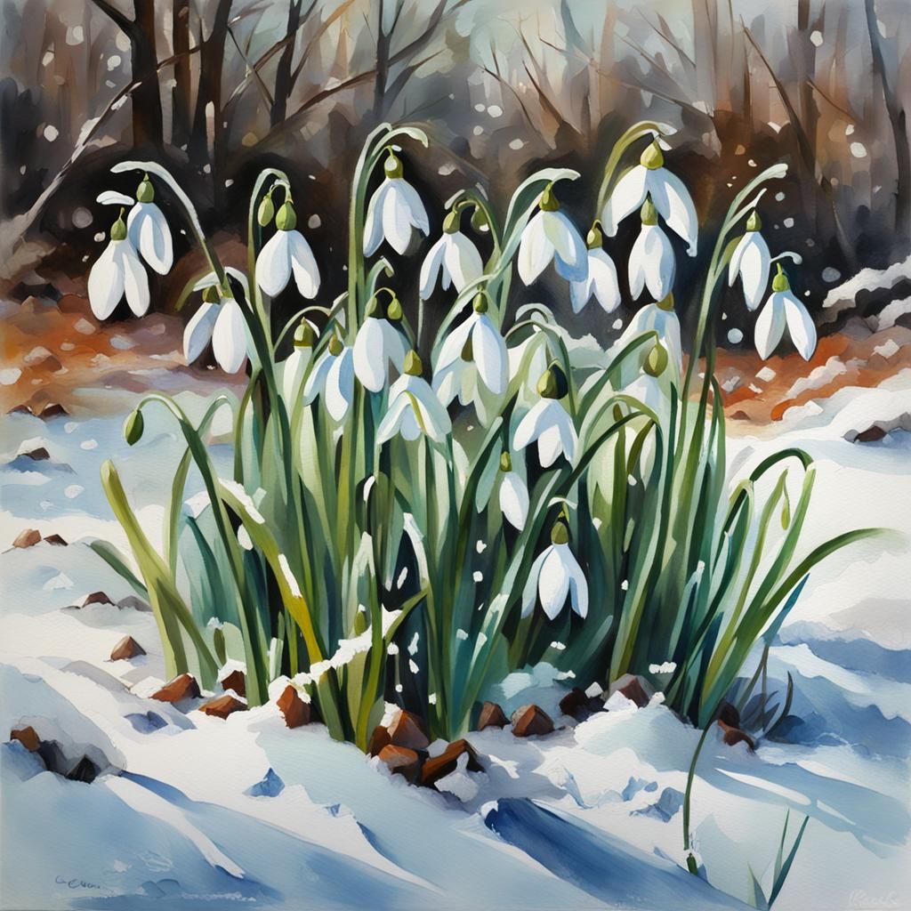 Snowdrops in Winter: An Impressionist Gouache Painting