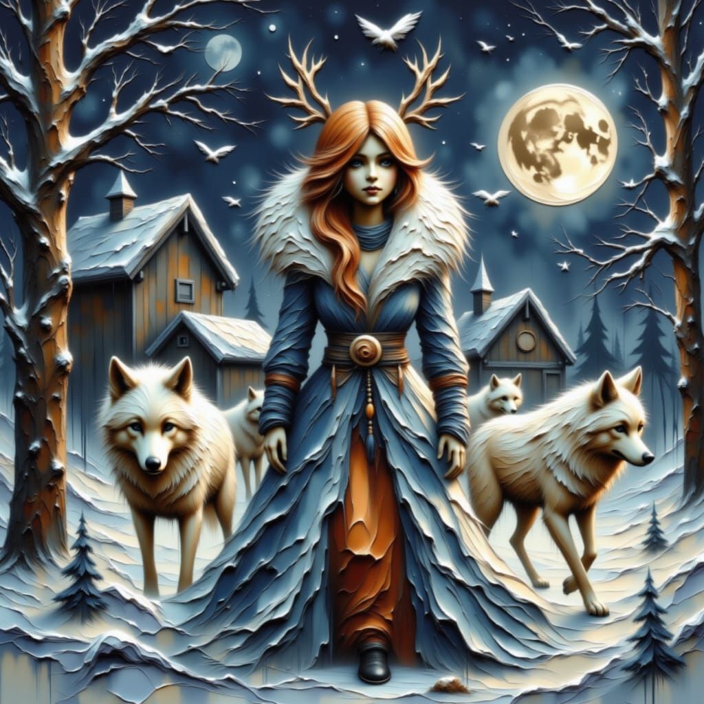 Winter Goddess Leads Arctic Wolves Through Snowy Village