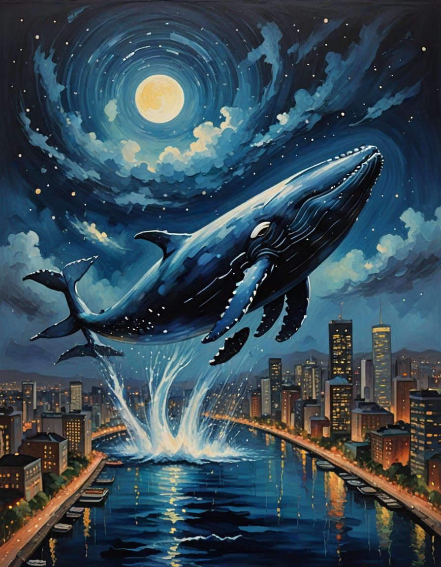 Whale in Night Sky Above City as Thick Splotchy Oil Painting
