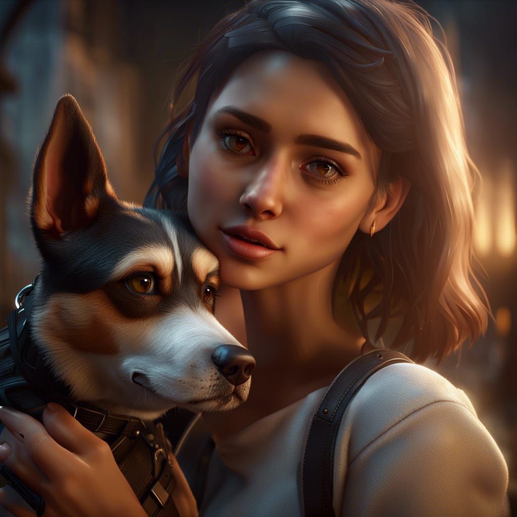 Girl Kisses Dog in 3D Game Cinematic Style