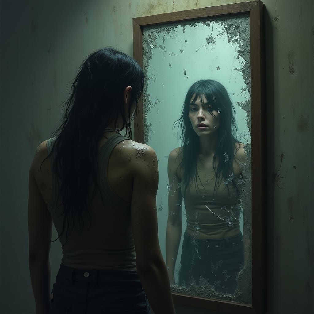 Figure Gazing into Shattered Mirror in Eerie Shadows