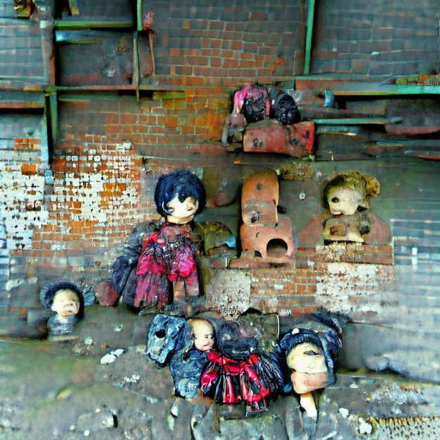 Eerie Abandoned Factory Scene with Broken Dolls