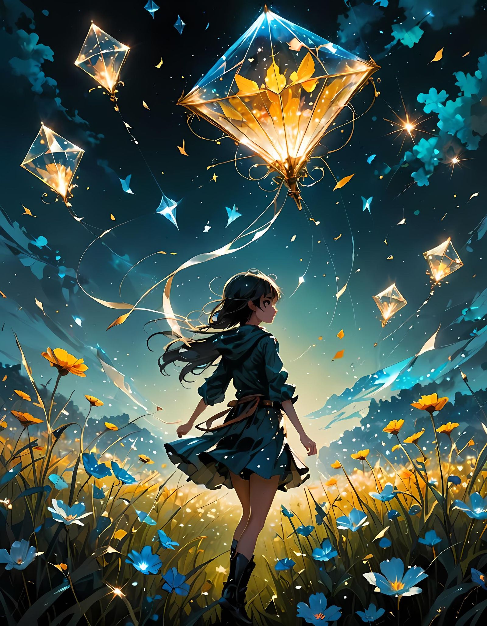 Crystal Kite Over Bioluminescent Fairy Flower Field
