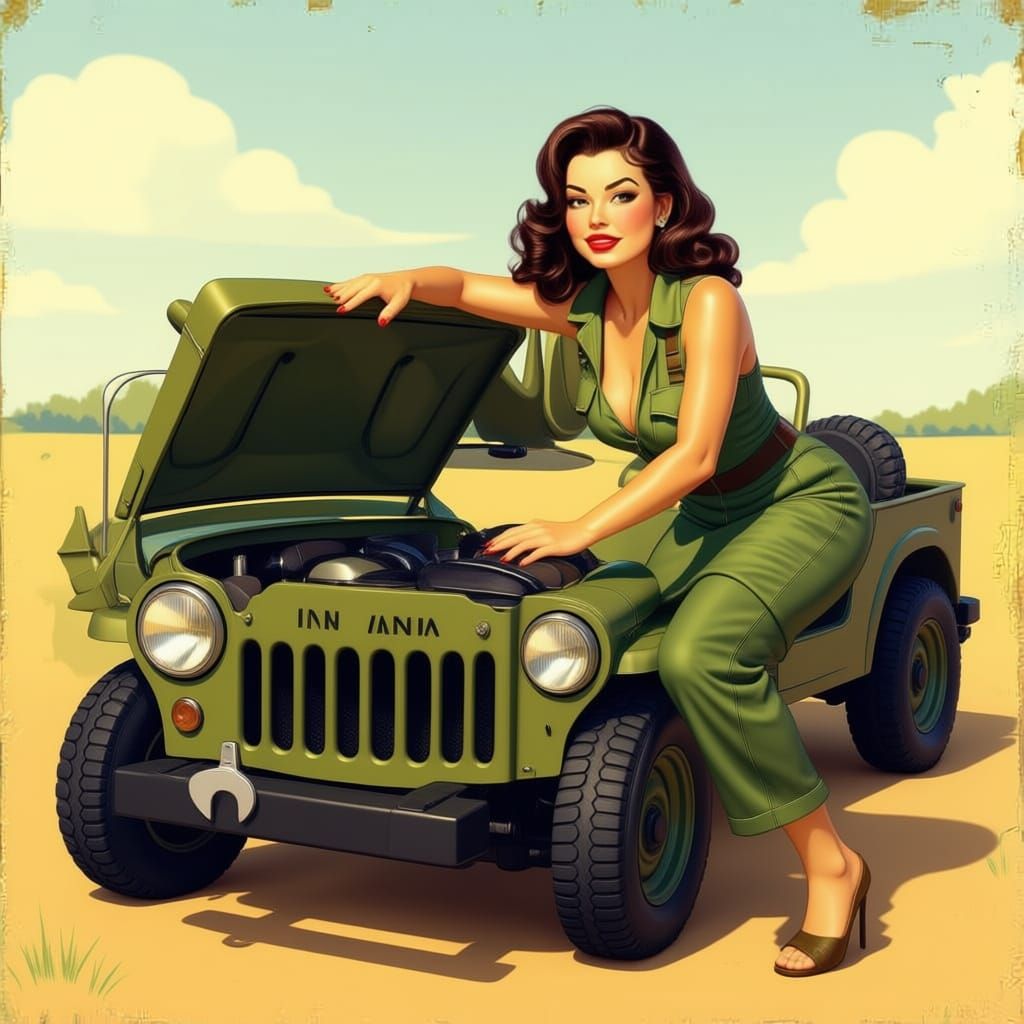WWII Mechanic Pinup Girl with Jeep