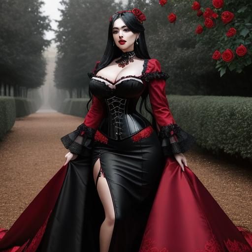 Gothic Woman in Rose Garden, Victorian Style