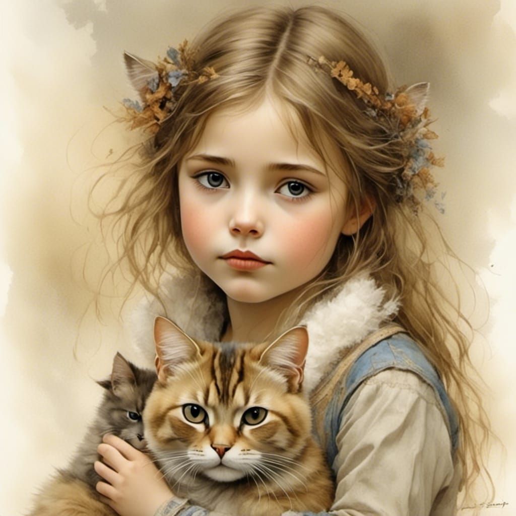 Girl with Cat: Whimsical Fantasy Art