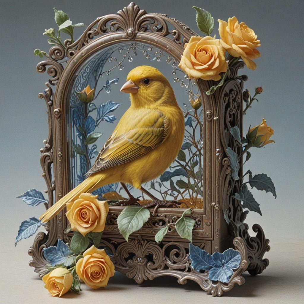 Tempera Painting of a Music Box Canary in Porcelain Armor