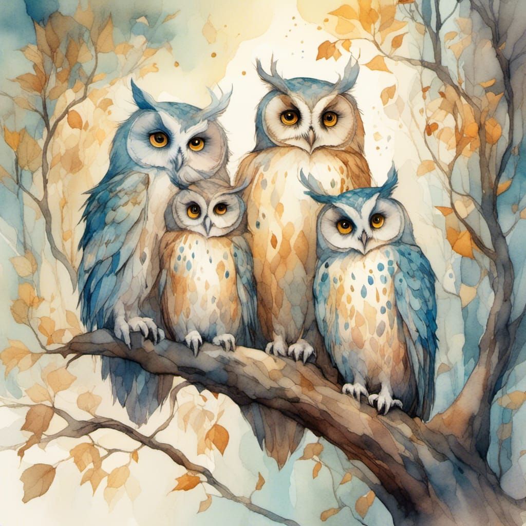 <lora:Dusklings2:1.0> 3 cute colorful fluffy owls sitting on...