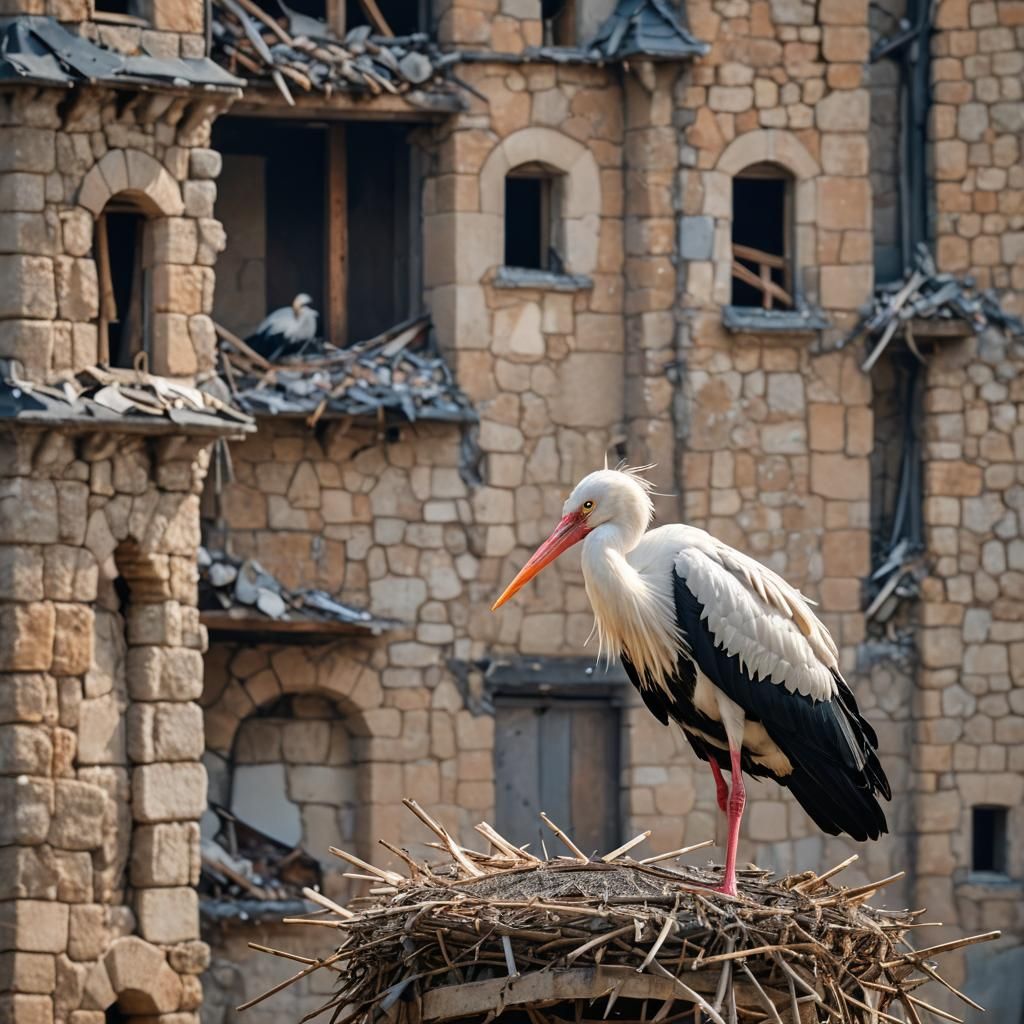 Stork Watches Castle Demolition: Professional Photography