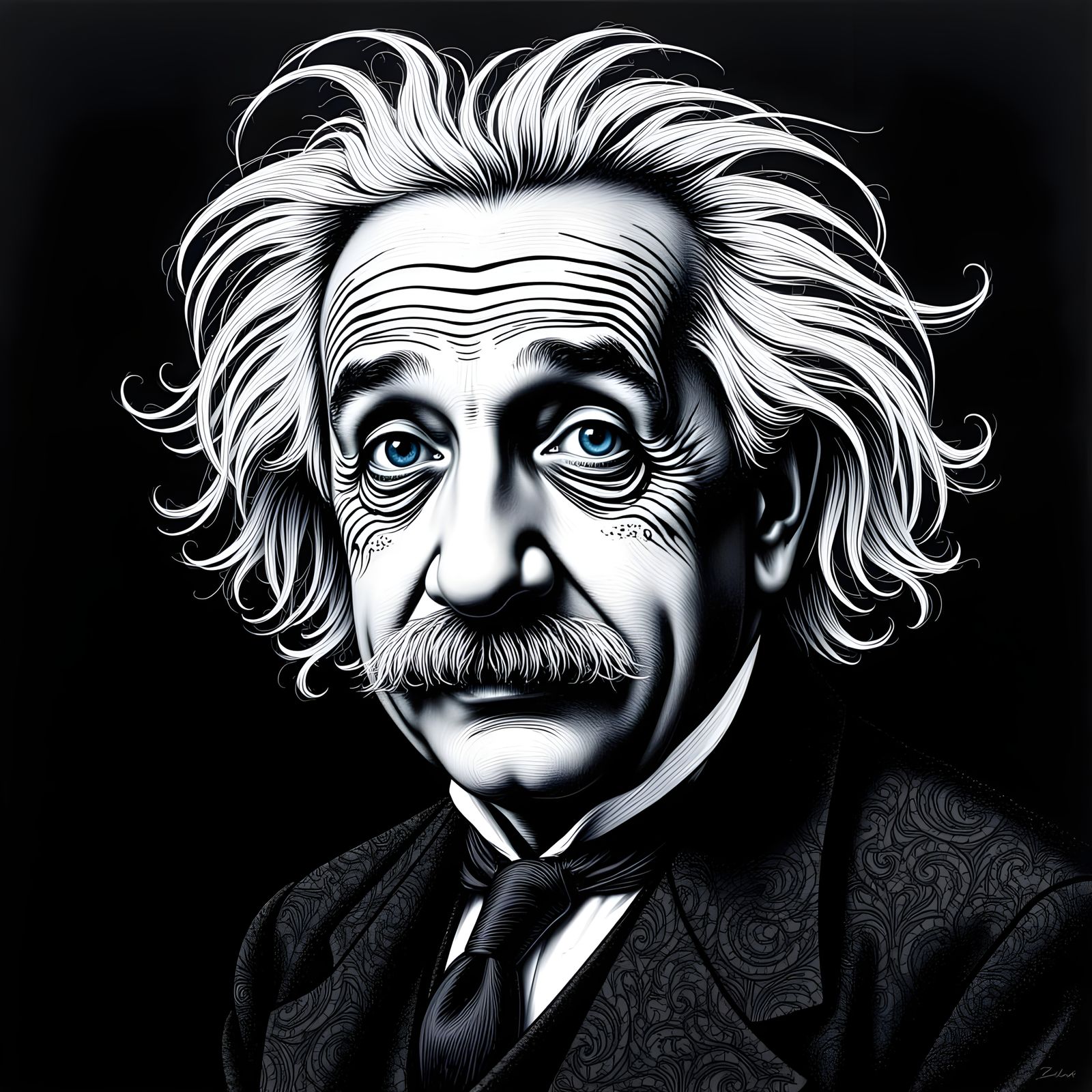 Einstein Portrait in Detailed Scratchboard Art Style