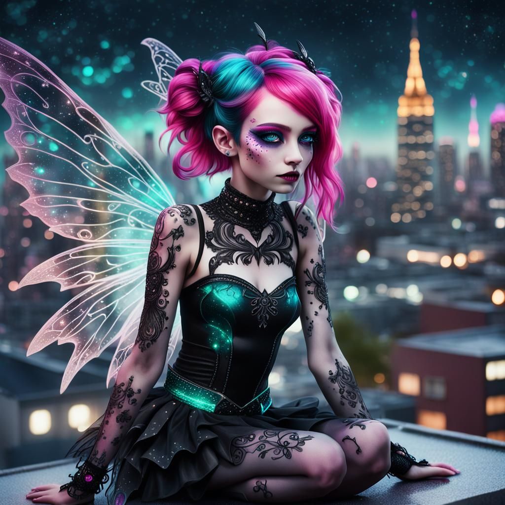 Surreal Goth Punk Fairy Sits on City Rooftop Under Starry Ni...