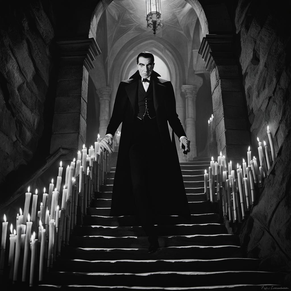 Bela Lugosi as Dracula Descends Castle Stairs