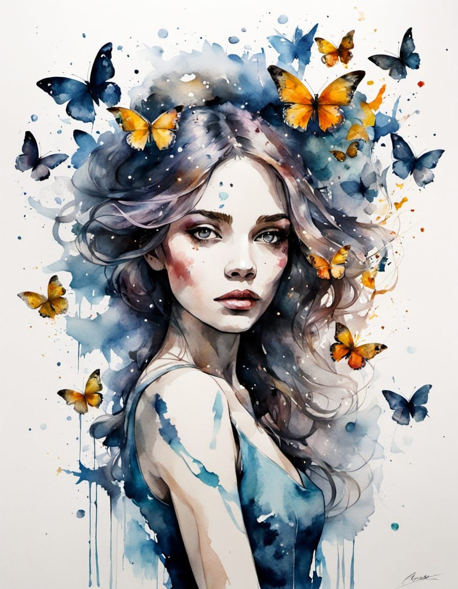 Woman Composed of Scattering Butterflies in Watercolour Styl...