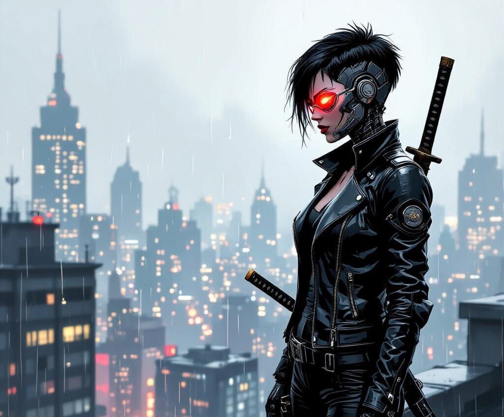 Melancholic Cyborg Assassin in Noir Comic Style