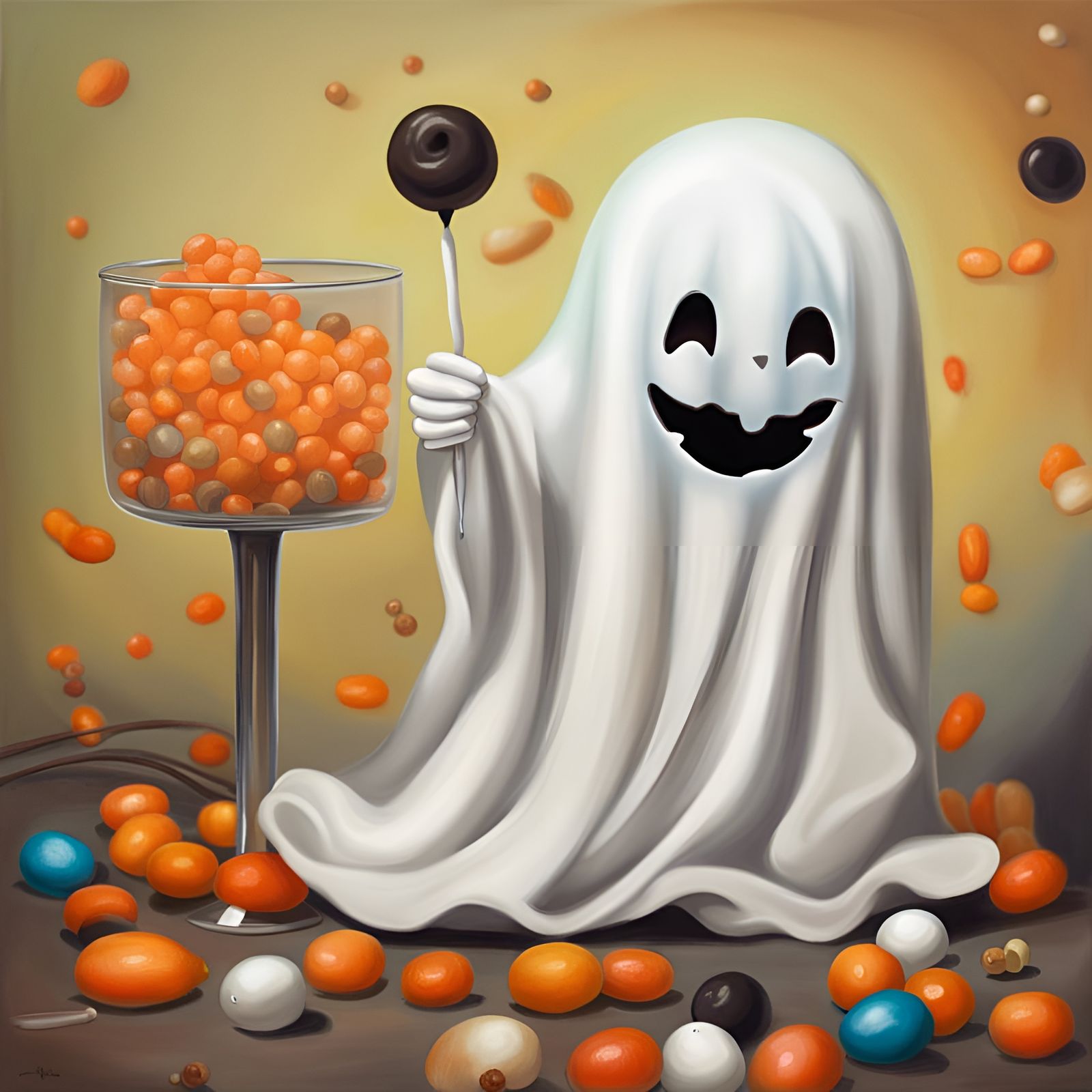 Happy Ghost with Candy on Halloween Night