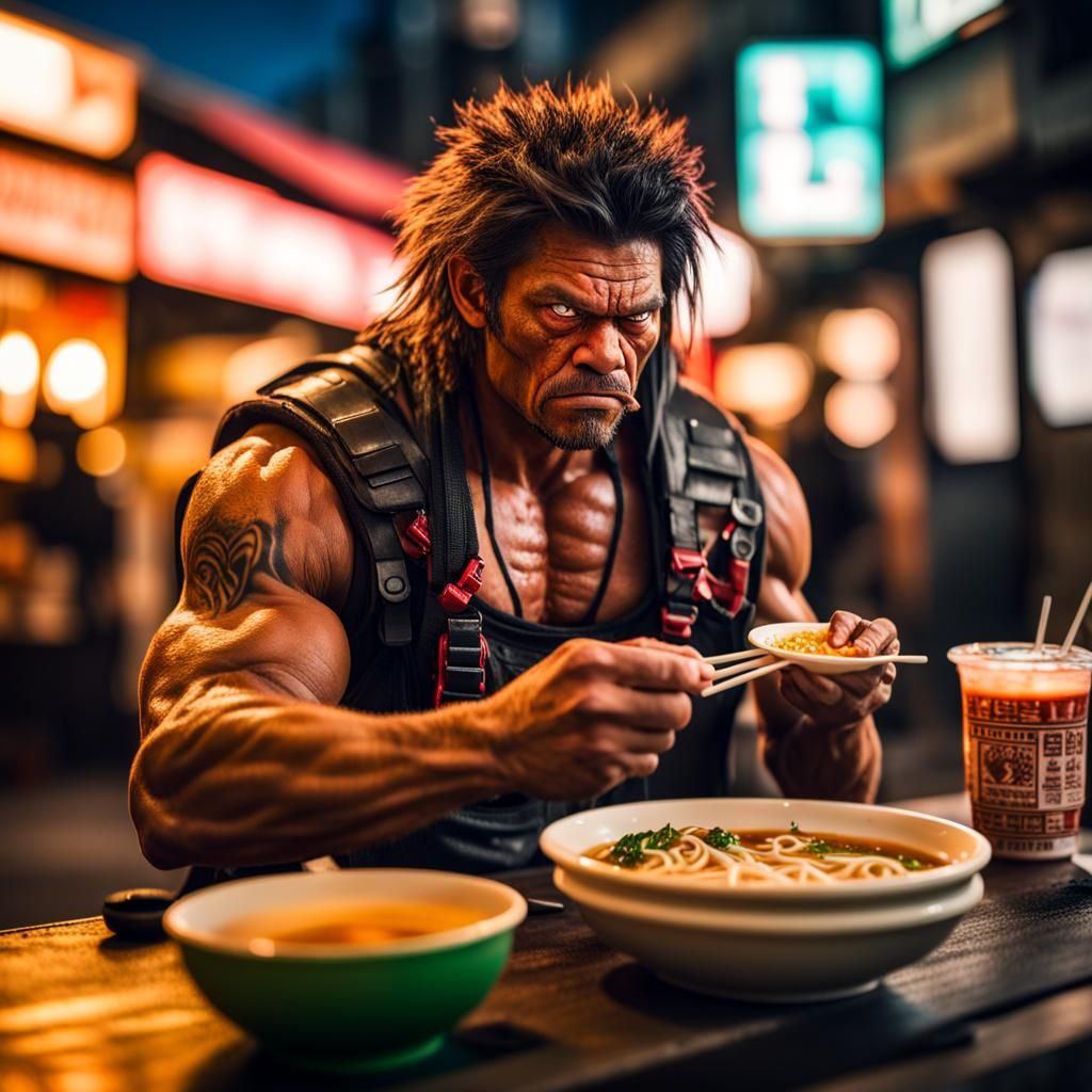 Cyberpunk Barbarian Warrior Eating Ramen at Sunset