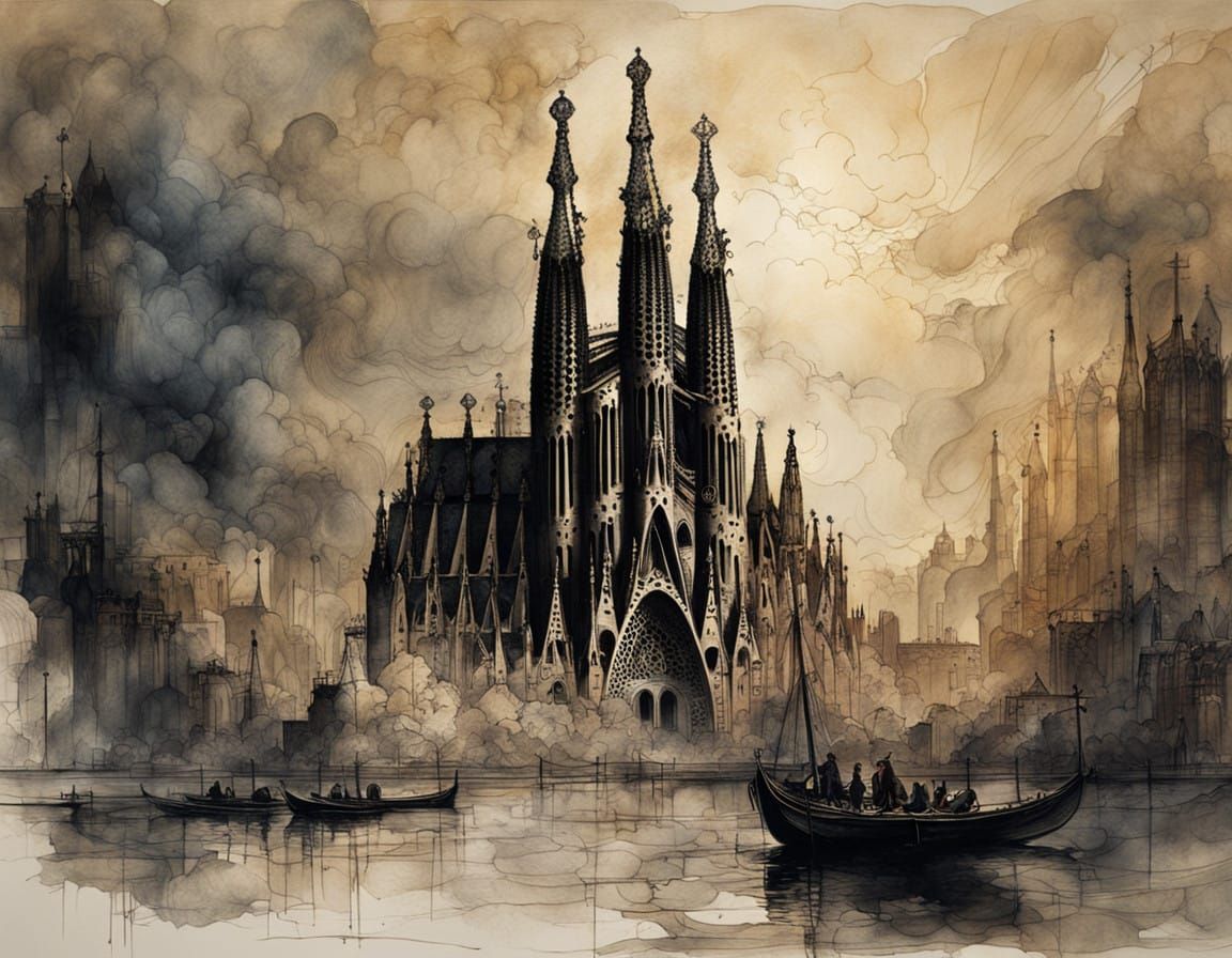 Gothic Sagrada Familia Spires Reach for Stormy Sky in Expres...