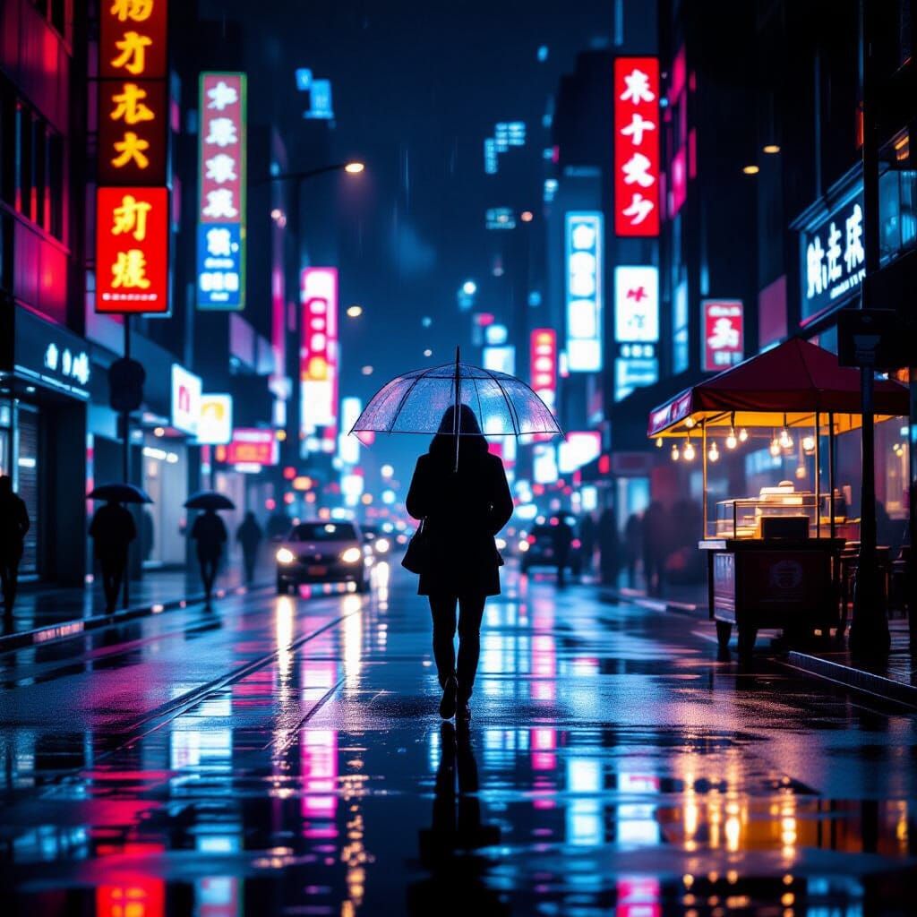 A neon-lit city street glistening under the rain. Reflection...