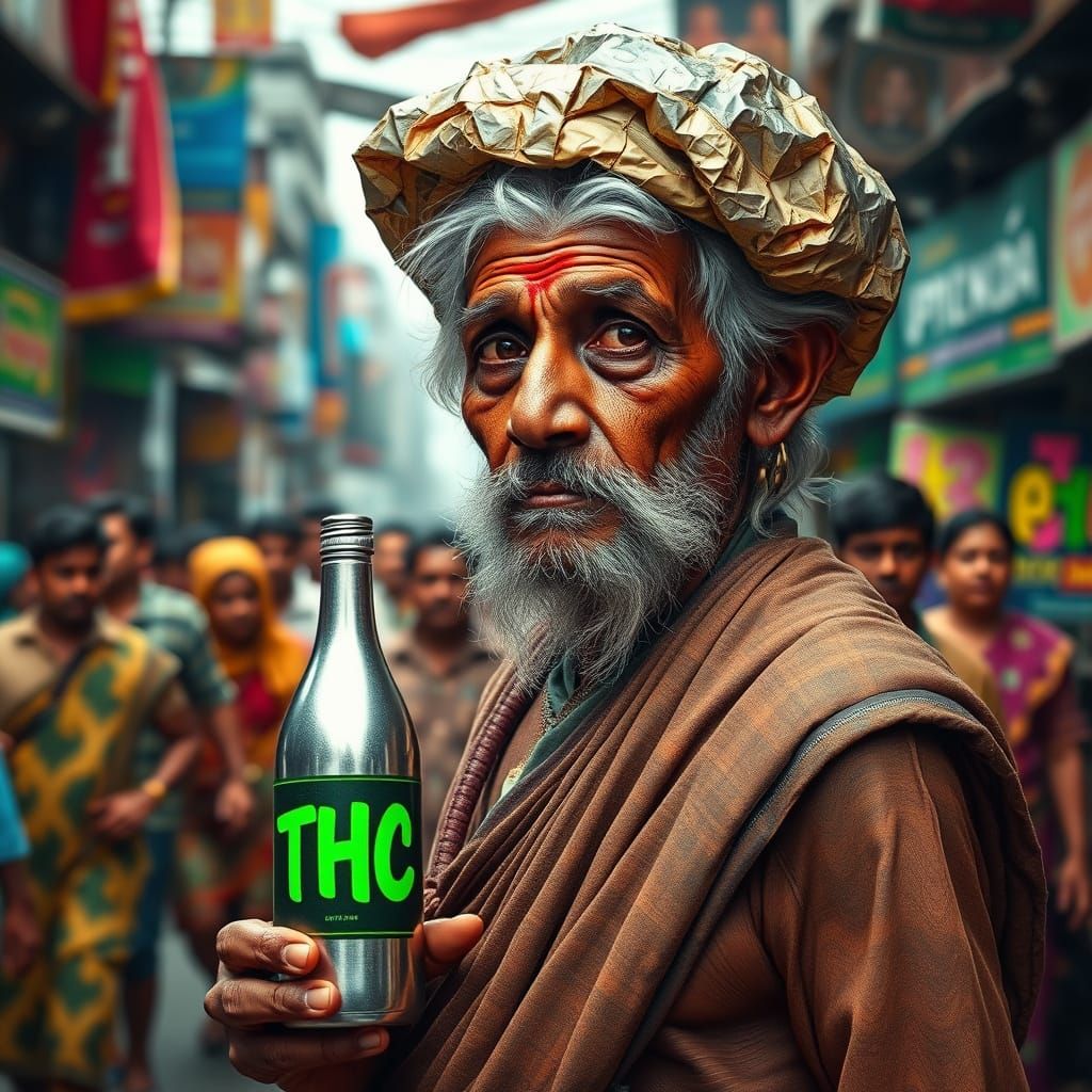 Elderly Indian Mystic Amidst Vibrant Street Life