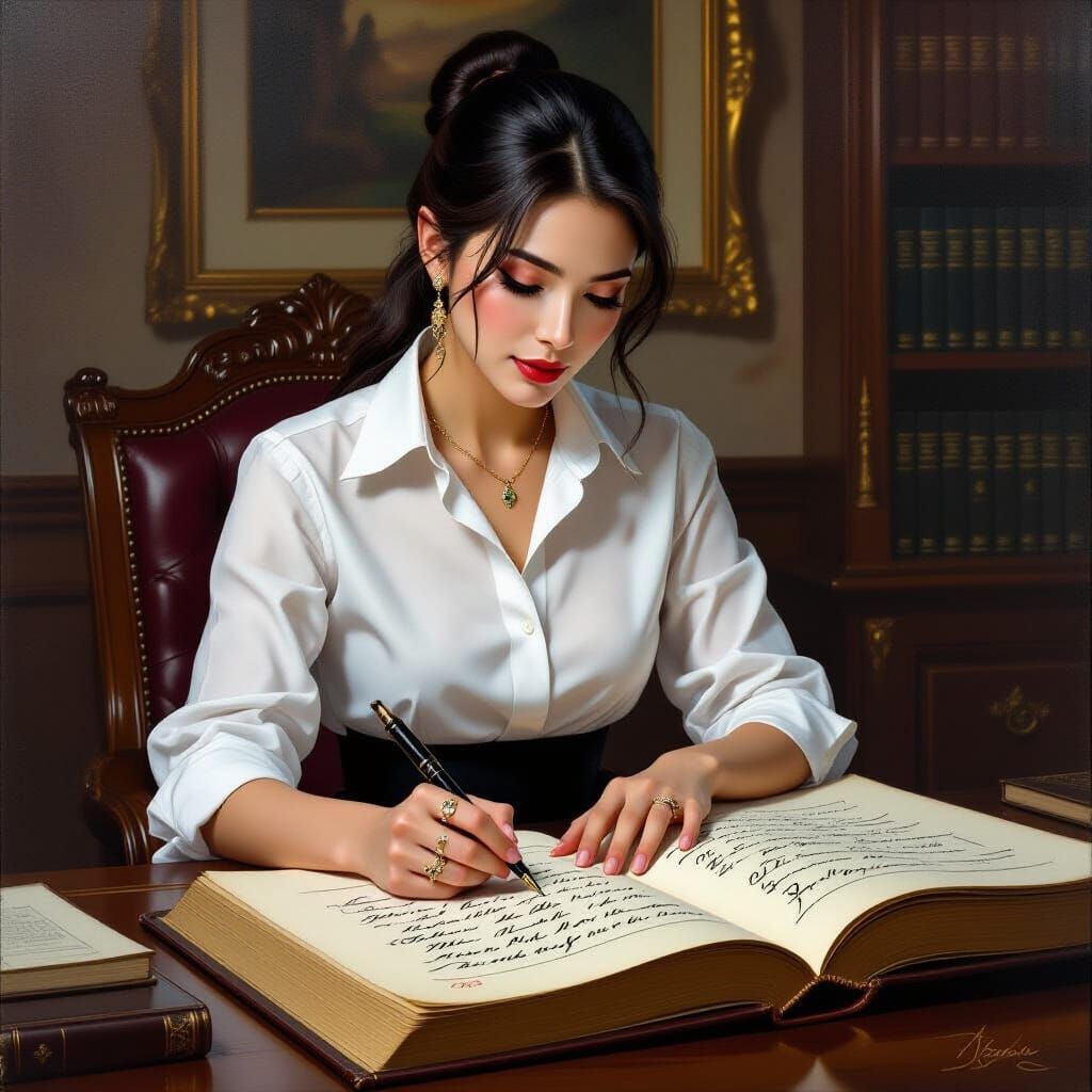 Oriental Elf Scribes Calligraphy: Fantasy Oil Painting